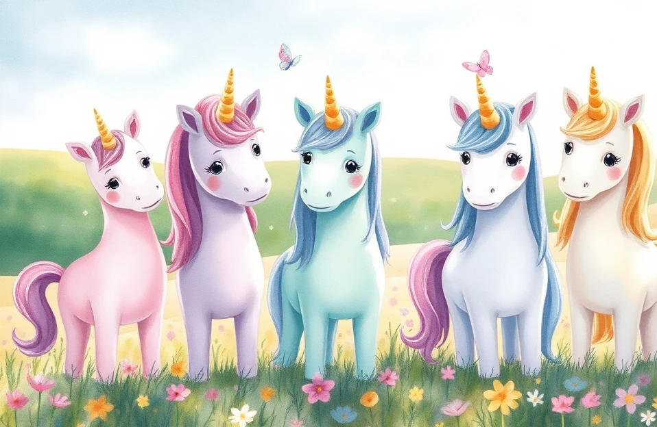 A group of unicorns of different colors standing together in a bright meadow.