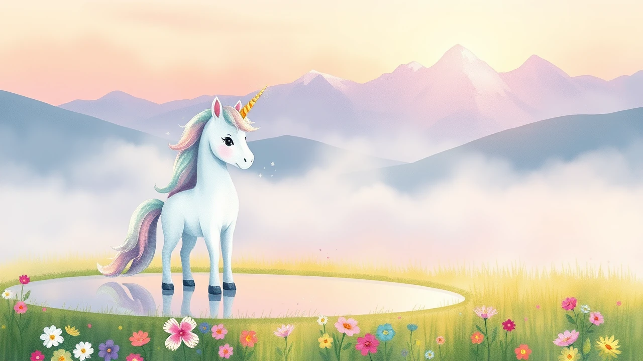 A meadow at sunrise with a gentle unicorn beside a shimmering pond.