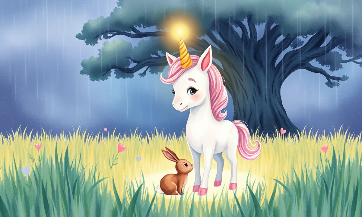 A small pink unicorn glowing softly under a starry sky with clouds gathering.