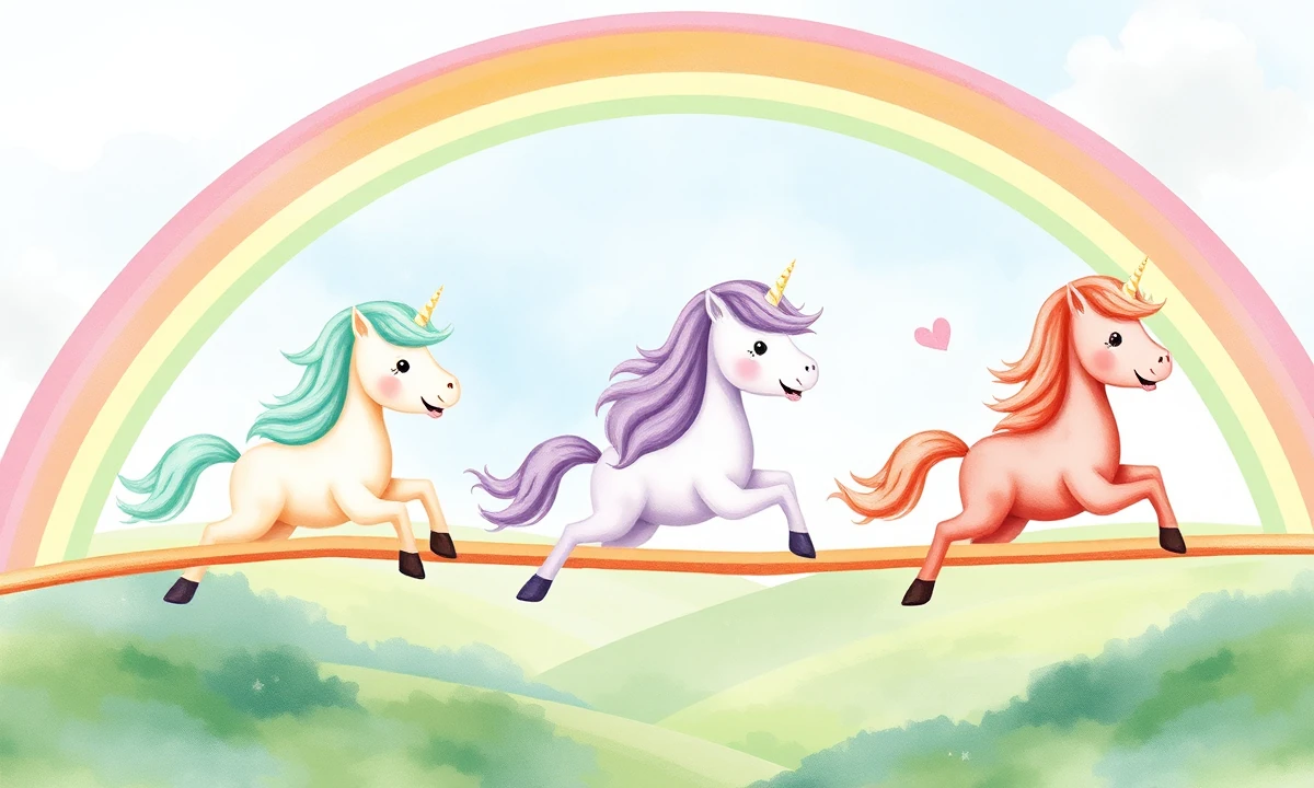 Three unicorns galloping side by side across a rainbow arching over a green valley.
